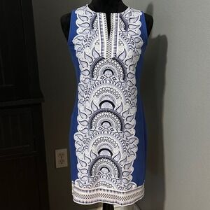 New York & Company Dress Small Blue White Cotton Sheath Boho Geo‎ Print
